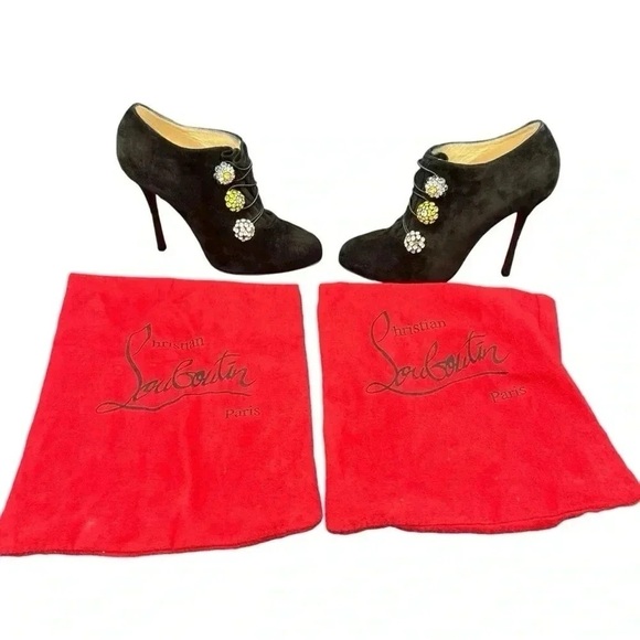 Christian Louboutin Bootini MJ 100mm Black Suede Crystal Button Ankle Boots 37 - Picture 2 of 16